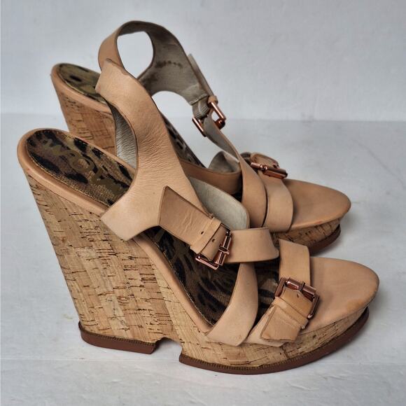 Sam Edelman Josie Sandals 8.5M Leather‎ Cork Wedge High Heels Platform Natural - Picture 2 of 10